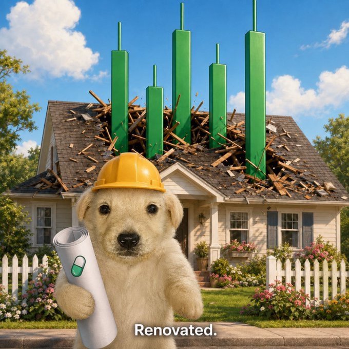 A golden retriever puppy in a yellow hard hat holds a blueprint in front of a heavily damaged suburban home with green construction beams and debris piled on its roof, captioned "Renovated." — a humorous visual metaphor for the post announcing $JOTCHUA's ongoing "renovation" or rebuild efforts.