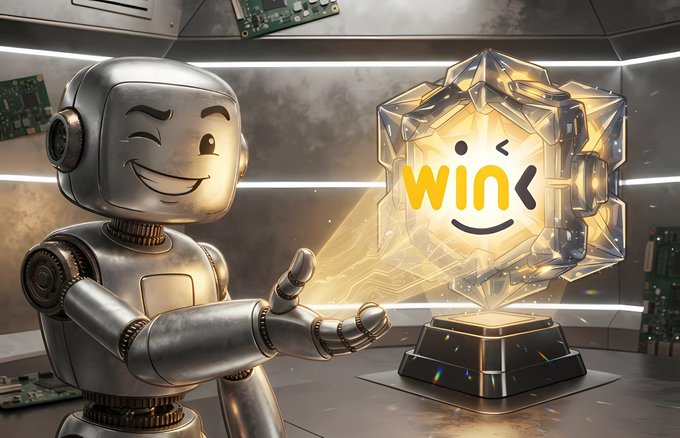 A retro robot winks while pointing at a glowing crystal trophy displaying the WINkLink (WIN) logo in a futuristic tech room.