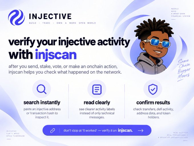 An Injective cryptocurrency promotional graphic titled 'verify your injective activity with injscan,' featuring a cartoon character and three features: search instantly, read clearly, and confirm results.