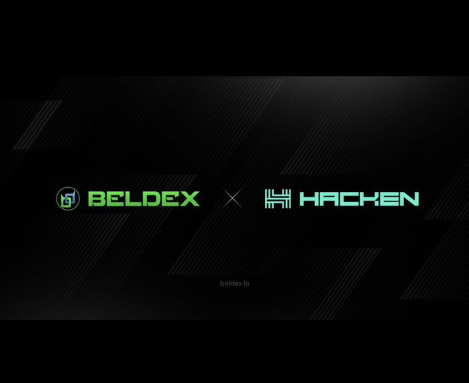 The image displays a partnership graphic with the logos "BELDEX" in green and "HACKEN" in blue, separated by an "X" symbol, against a dark textured background with "beldex.io" at the bottom. The graphic visually represents the security collaboration between Beldex and Hacken for penetration testing of Beldex's BSC Bridge, reinforcing the post's message about the cross-chain bridge's resilience against targeted attacks.