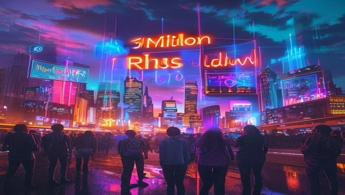 A vibrant, cyberpunk-style cityscape at night is illuminated by neon lights in pink and blue, with crowds of people in the foreground and large, illegible glowing text in the sky above the buildings.