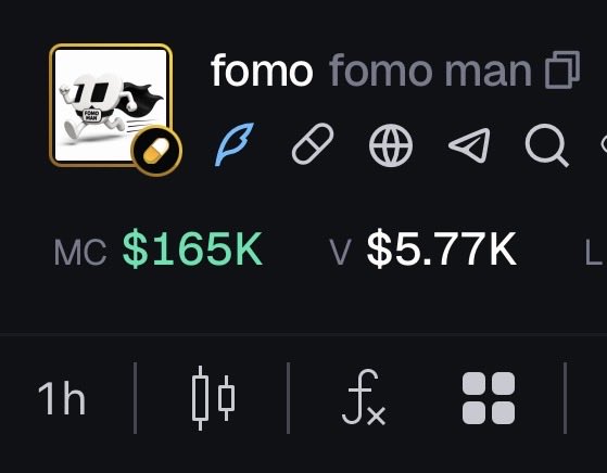 The image shows a screenshot of the "$fomo" token's market page with a market cap (MC) of $165K and a 24-hour trading volume of $5.77K, displayed on a dark-themed crypto tracker interface. This relates to the post by highlighting the token's modest market cap, suggesting significant upside potential for the upcoming "bounce" referenced in the caption.