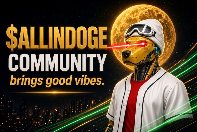 A futuristic robotic dog character wearing a white beanie and varsity jacket stands before a glowing full moon and neon-lit cityscape. The text "$ALLINDOGE COMMUNITY brings good vibes" is displayed in bold gold and white lettering, directly reinforcing the post's message of a vibrant, positive crypto community.