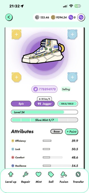 A mobile game screenshot showing a sneaker NFT card with stats including Level 24, Epic rarity, Jogger type, attributes like Efficiency 59.9 and Luck 50.5, priced at 778894978, with balances of 123.46 and 9294.24 at the top.