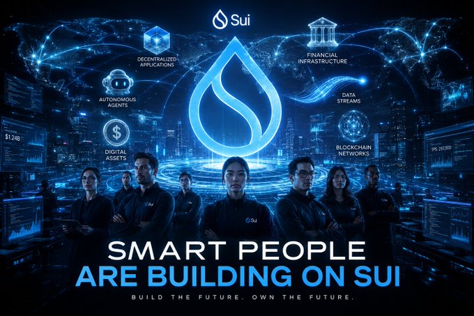 The image features a group of smart people standing together, with the text "Smart people are building on Sui" written above them. This suggests that they are working together towards a common goal or project related to Sui's technology or services. The image is set against a backdrop of blue and purple screens, which could represent the digital infrastructure used by the team for their work.