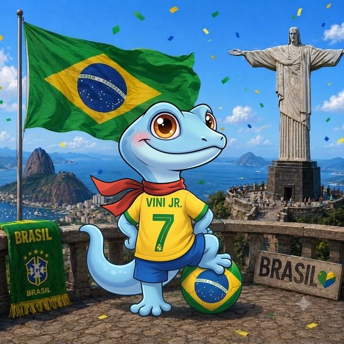 A cartoon blue lizard mascot wearing a yellow jersey labeled 'VINI JR. 7' stands with a Brazilian flag, Christ the Redeemer statue, and Rio de Janeiro in the background with 'BRASIL' text.