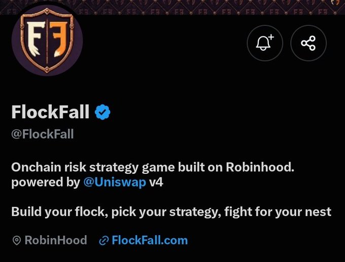 The image shows the Twitter/X profile of @FlockFall, an "Onchain risk strategy game built on Robinhood, powered by @Uniswap v4," tagged with locations RobinHood and FlockFall.com. The caption and accompanying post together promote FlockFall as a Robinhood Chain project with a playable testnet, featuring a risk/reward ecosystem where ducks produce $SHELL and foxes hunt/rob them, ahead of a genesis mint in August.