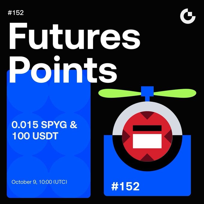 A promotional graphic titled 'Futures Points #152' offering 0.015 SPYG & 100 USDT, dated October 9, 10:00 (UTC), featuring a stylized helicopter/coin design in blue, red, and black colors.