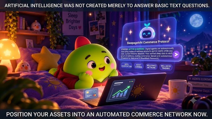 An illustration of a smiling cartoon character on a bed holding a laptop displaying the 'Sleepagotchi Commerce Protocol' dashboard, with text banners reading 'ARTIFICIAL INTELLIGENCE WAS NOT CREATED MERELY TO ANSWER BASIC TEXT QUESTIONS' and 'POSITION YOUR ASSETS INTO AN AUTOMATED COMMERCE NETWORK NOW.'