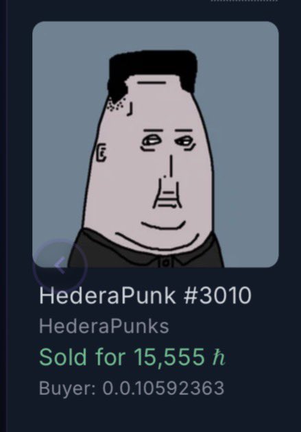 In this image, a cartoon graphic depicts a man wearing a black suit with a white hat and a face painted like a dictator or dictator-like figure. The man has a bald head and appears to be sad. The post features an image of this funny face and provides information about the sale of HederaPunks' digital artwork for 15,555 Bitcoins.