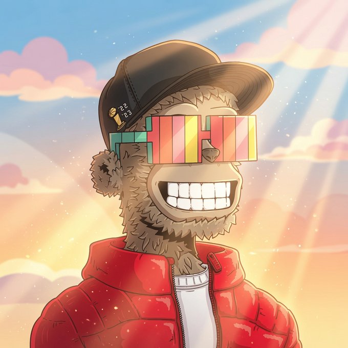 A digital illustration of a cartoon monkey wearing a red puffer jacket, a black cap with a gold pin, and colorful 'TIHH' sunglasses, set against a sunset sky.