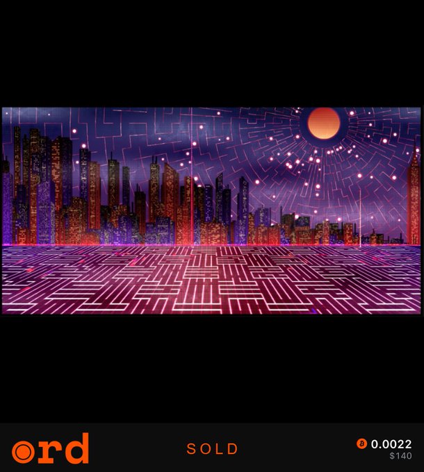A digital artwork featuring a futuristic cityscape with circuit board patterns in purple and pink, with the text 'ord', 'SOLD', and '0.0022 / $140' at the bottom.