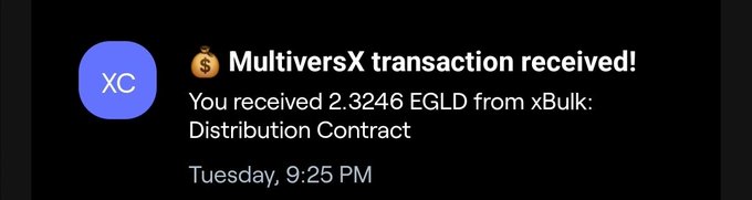 The image shows an email notification from a cryptocurrency exchange called MultiversX. The email contains information about a distribution of EGLD tokens that has been received by the user. It also mentions that only 30 wallets were required for this distribution, which means that the user is likely a part of a staking tier or engagement tier in the project.