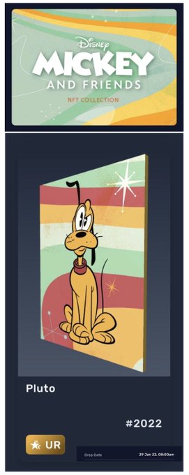 A Disney Mickey and Friends NFT collection card featuring Pluto, ranked UR (Ultra Rare) with token ID #2022 and a drop date of Dec 29, 09:00 AM.