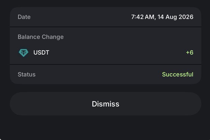 A dark-mode transaction confirmation pop-up showing 'Date 7:42 AM, 14 Aug 2026', 'Balance Change USDT +6', 'Status Successful', with a Dismiss button.