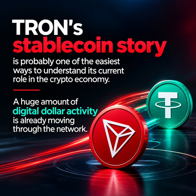 A promotional graphic titled 'TRON's stablecoin story' stating it is 'probably one of the easiest ways to understand its current role in the crypto economy,' featuring 3D renderings of TRX and Tether (USDT) coins.