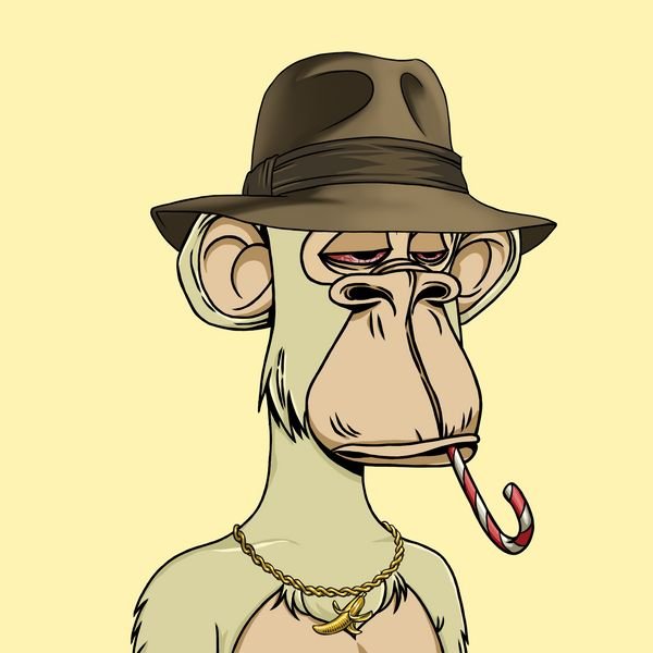 A cartoon illustration of a Bored Ape-style character wearing a brown fedora hat with a banana pendant necklace and a candy cane in its mouth against a yellow background.