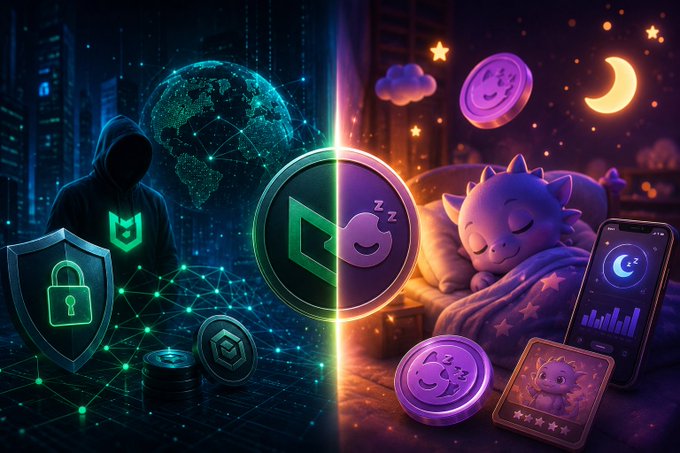A split-screen illustration contrasts a hooded cyber-hacker with digital shields on the left versus a peaceful sleeping purple creature next to a phone on the right, separated by a central crypto token logo.