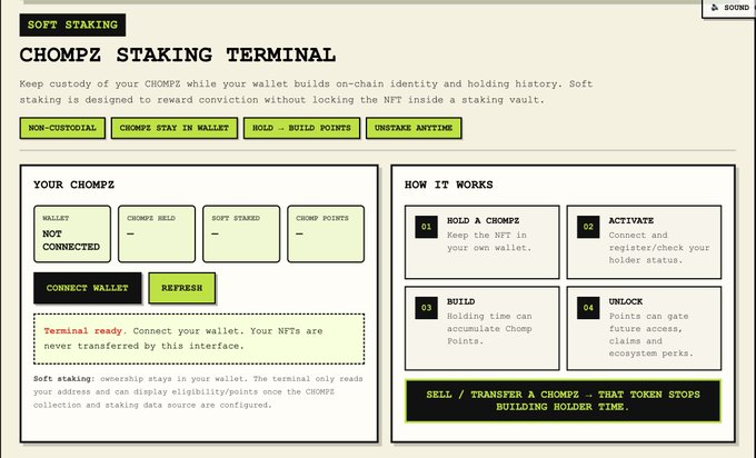 A screenshot of a 'CHOMPZ STAKING TERMINAL' webpage with sections for 'YOUR CHOMPZ' and 'HOW IT WORKS,' highlighting features like 'NON-CUSTODIAL' and 'CHOMPZ STAY IN WALLET.'
