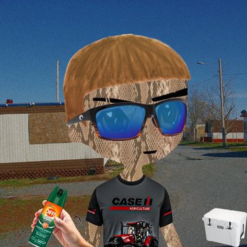 A bobblehead-style figure with orange hair and blue sunglasses, wearing a "CASE IH Agriculture" shirt, holding a green bottle near a cooler.