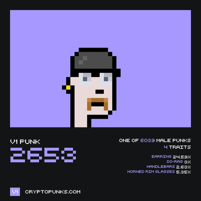 A pixel-art CryptoPunk labeled 'V1 PUNK 2653' (one of 6033 male punks) featuring 4 traits: Earring 24.53%, Do-Rag 3%, Handlebars 2.63%, and Horned Rim Glasses 5.35%, from cryptopunks.com.