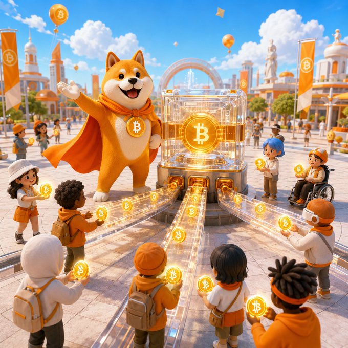 A vibrant digital illustration featuring a Shiba Inu mascot in a cape standing next to a Bitcoin dispenser, with diverse children reaching out for glowing Bitcoin coins.