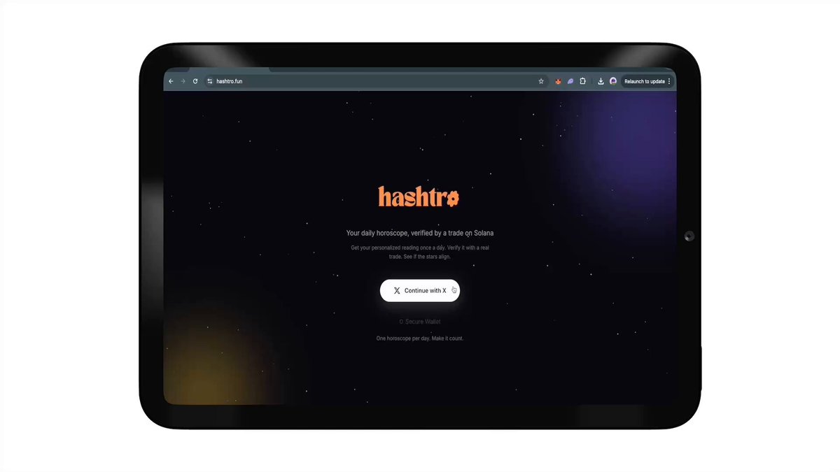The image shows a tablet or small device displaying an online page featuring a website called "Hashtro". The page has text and graphics, including a black background with a starry sky design. A red banner at the top of the screen reads "Hashtro lets you trade your daily horoscope (initially launched Feb 22 6 days) bringing @tryhashtro back with a v2 soon", indicating that users can access this service online. The website's purpose is to allow people to trade their horoscopes for virtual currency, and it has attracted over 300 users in just 7 days of launch.