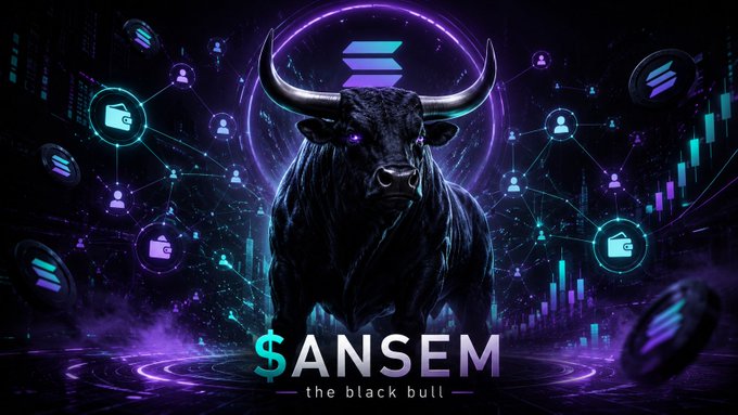 A promotional graphic for '$ANSEM - the black bull' featuring a dark bull with glowing purple eyes surrounded by a network of crypto icons, charts, and a purple Solana-style logo.