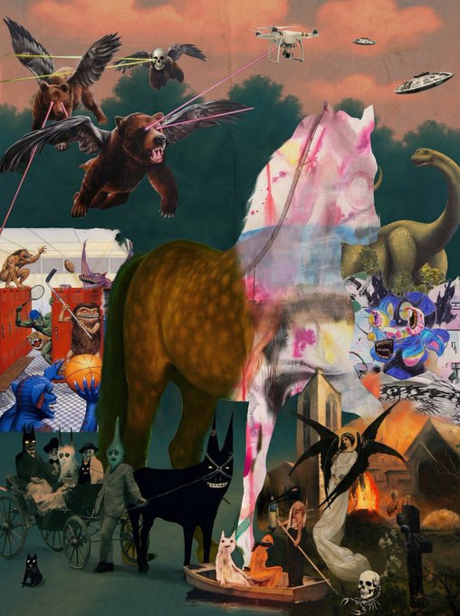 A surreal collage painting features a central translucent horse layered over a brown elephant, surrounded by flying bears with laser beams shooting from their eyes, a drone, UFOs, a horned demon, a grim reaper, a black sinister cartoon cat, pterodactyls, a monk in a boat with cats, a burning church, skulls, and portraits of historical figures.