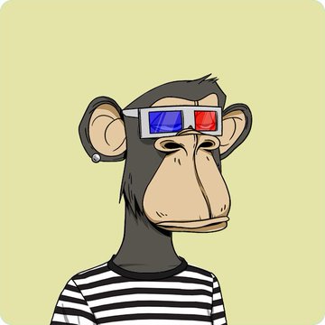 The image features a cartoon monkey wearing glasses that are red, blue, and green. The monkey appears to be wearing a striped shirt as well. The background of the image is yellow, which contrasts with the colorful attire of the monkey. The caption below the image reads "New PFP Saw him listed and couldn't resist. This @BoredApeYC looks exactly like me. I love how clean this ape looks (the style, the vibe, everything is a perfect match) Finally found my forever ape Can I also get 1,000 likes?".