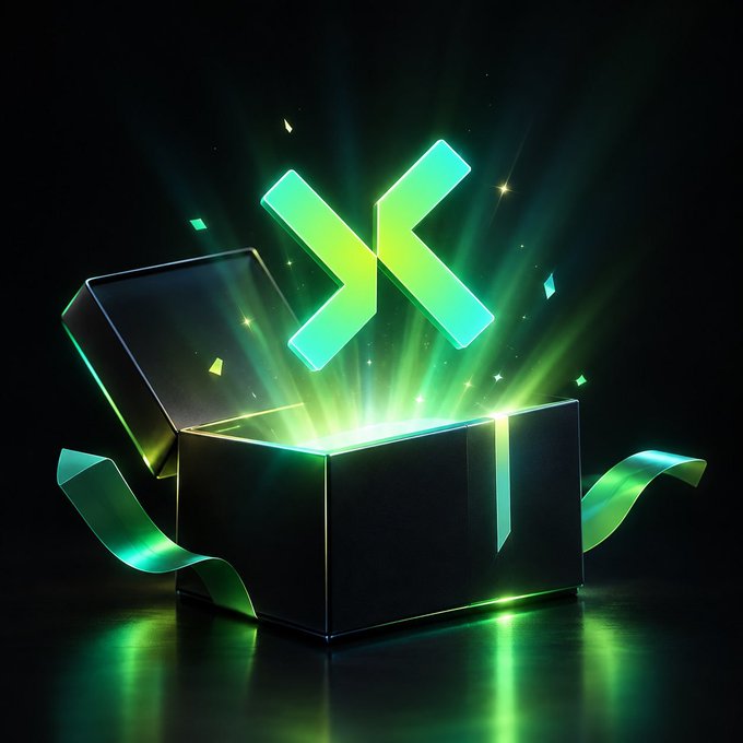 A 3D rendered image of a glowing green 'X' logo emerging from an open black gift box with a green ribbon, set against a dark background with light rays.