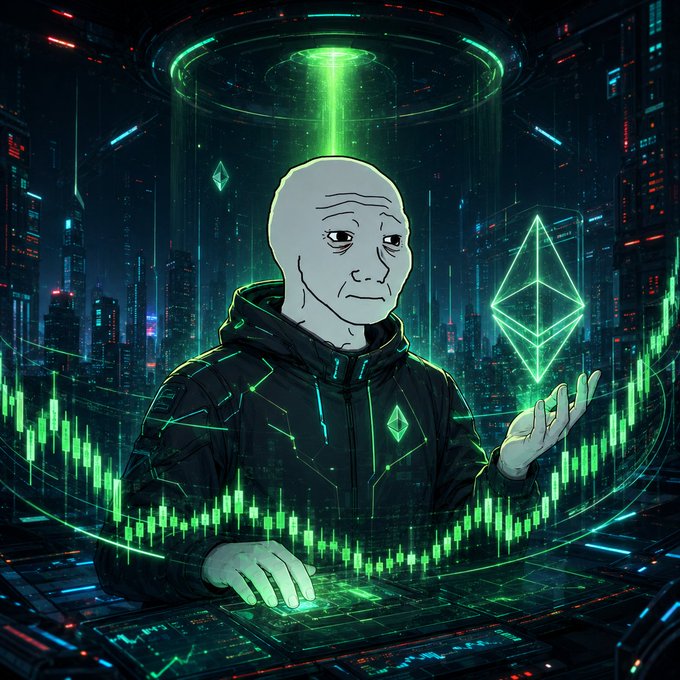 A digital artwork depicting a sad Wojak-style character in a tech-themed hoodie surrounded by green trading charts and Ethereum logos in a futuristic cyberpunk cityscape.