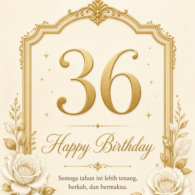 An ornate gold and cream birthday card featuring a large '36', 'Happy Birthday' text, white roses, and an Indonesian message: 'Semoga tahun ini lebih tenang, berkah, dan bermakna.'