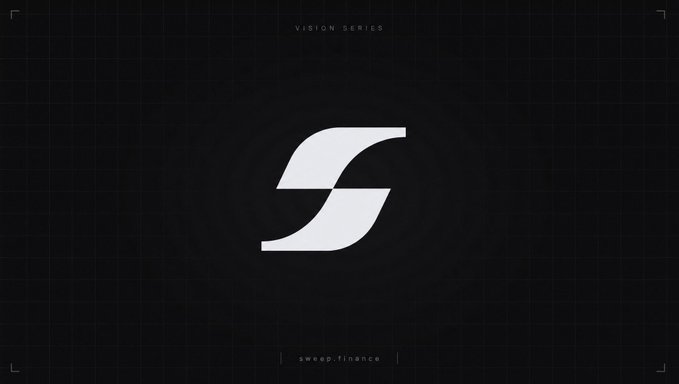A dark, minimalist promotional graphic features the stylized white "S" logo of Sweep Finance centered on a black grid background, with "VISION SERIES" at the top and "sweep.finance" at the bottom, visually branding the $SWEEP airdrop campaign mentioned in the post.