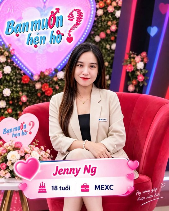 Jenny Ng, an 18-year-old from MEXC, appears on a Vietnamese dating show set titled "Bạn muốn hẹn hò?" (literally "Do you want to date?"). The image of a young woman on a matchmaking show contrasts humorously with the accompanying caption about already being married with children, highlighting the absurdity of being set up when she's long past the dating phase.