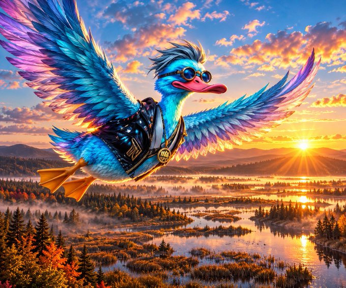 A colorful digital artwork depicts a fantastical flying creature with vibrant blue and purple wings, wearing sunglasses and a vest, soaring over a misty marshland at sunset.