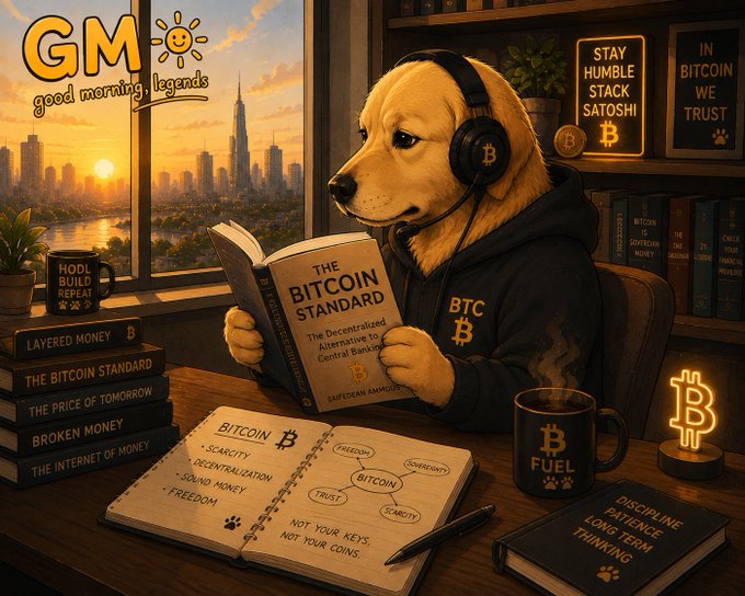 A digital illustration of a golden dog wearing a headset and 'BTC' hoodie reading 'The Bitcoin Standard,' surrounded by crypto-themed books, a 'BITCOIN FUEL' mug, and money flow notes, with 'GM good morning legends' in the top corner.
