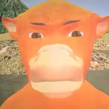 A close-up of an angry-looking orange cow from an animated video game, staring intensely at the camera. The image humorously pairs with the post about a memecoin, as the cow's serious, suspicious expression plays into the joke of being a "profitable" meme investment.