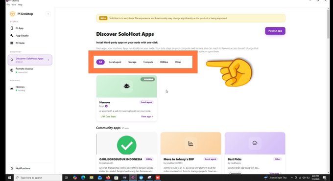 The image shows a Pi Desktop interface displaying the "Discover SoloHost Apps" page, with an orange box highlighting the AI agent section that includes options for Local agent, Storage, Compute, Utilities, and Other. A pointing finger emoji directs attention to these features. This visual supports the post's message about SoloHost enabling Pi users to access private, distributed AI compute and run AI agents on their own devices, emphasizing decentralized ownership rather than corporate control over AI technology.