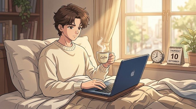 An anime-style illustration shows a young man in a cream sweater sitting in bed, drinking coffee while typing on a blue laptop, with a calendar marking "Thursday 10 September" by the window.