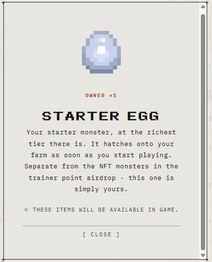 A pixel art style item description screen for a 'STARTER EGG' showing a single egg icon with the text 'OWNED x1' and a description explaining it hatches into the richest tier starter monster in the game.