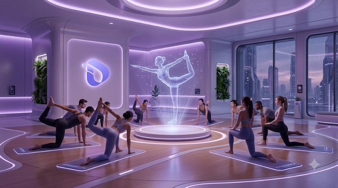 A futuristic purple-lit yoga or dance studio where multiple people practice poses on illuminated mats, with a holographic figure demonstrating in the center.