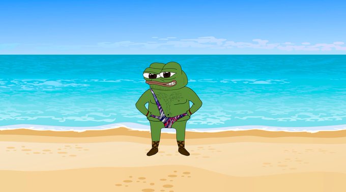 A muscular Pepe the Frog character stands confidently on a sunny beach in sunglasses, a tie, and a purple speedo, hands on hips with a smug grin. The image humorously contrasts the accompanying post's advice to "do nothing" when nothing is obvious, since Pepe's bold, attention-grabbing beach attire suggests anything *but* doing nothing.