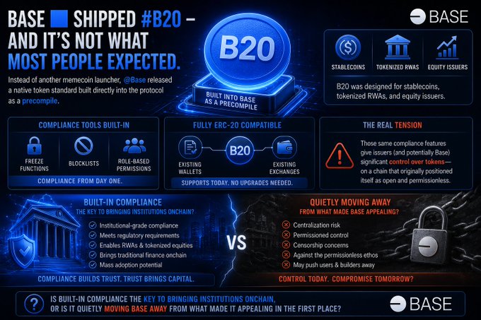 An infographic about Coinbase's BASE blockchain shipping the B20 token standard, highlighting built-in compliance features, ERC-20 compatibility, and contrasting institutional compliance versus permissionless ethos.