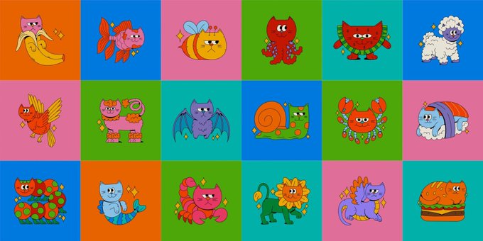 The image displays a colorful 3x6 grid of 18 cartoon illustrations featuring whimsical cats fused with various animals and objects (banana, fish, bee, sheep, bird, snail, crab, turtle, etc.) on vibrant solid-color backgrounds. This aligns with the post promoting "Weird Cat 1/1" NFTs live on objkt.com, showcasing the unique, quirky hybrid creature artwork as part of the digital collectible collection.