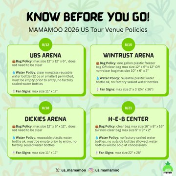 A "Know Before You Go" graphic outlines MAMAMOO 2026 US Tour venue policies for UBS Arena (8/12), Dickies Arena (8/15), H-E-B Center (8/21), and WinTrust Arena (8/19), detailing bag and water policies along with maximum fan sign sizes for each location.