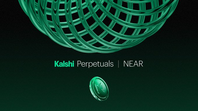 The image shows a stylized green globe made of intersecting wireframe lines with a coin below it, alongside the text "Kalshi Perpetuals | NEAR," promoting the launch of NEAR perpetuals on the Kalshi onchain prediction market.