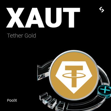 A promotional graphic for 'XAUT' (Tether Gold) cryptocurrency, showing a gold coin with the Tether logo on a dark background with 'PoolX' text at the bottom.