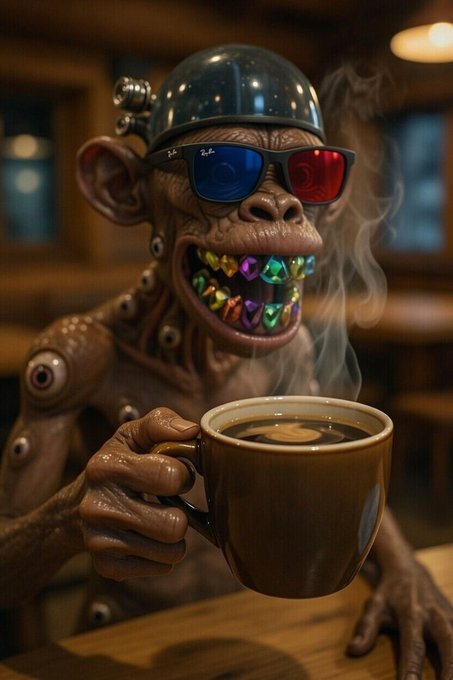 A surreal AI-generated image shows a monkey-like creature wearing 3D glasses and a shiny helmet, smiling with multicolored gem teeth while holding a steaming cup of coffee.