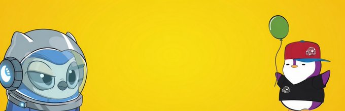 Two cartoon characters—a space-suited figure on the left and a cap-wearing penguin holding a green balloon on the right—stand against a bright yellow background, representing the LilPudgys and Moonbirds NFT collections mentioned in the post about a new web3 banner.